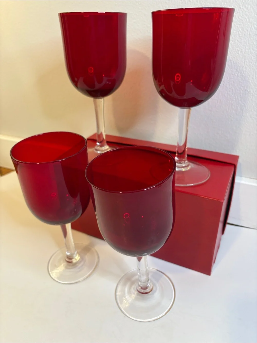 Crate & Barrel Ruby Red Stem Wine Glasses Set of 4